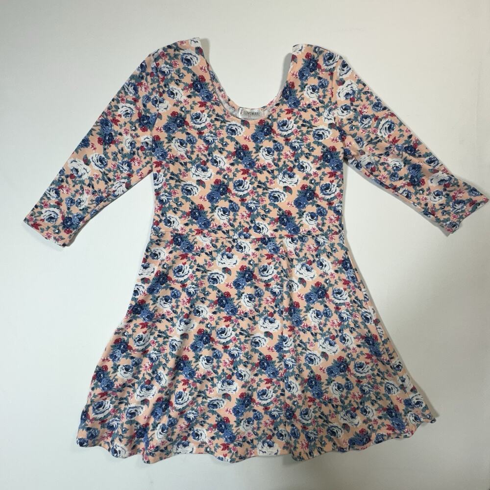 Tomsware Women’s 2XL Floral Fit & Flare Dress Peach Blue Roses 3/4 Sleeve